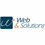 Logo web et solutions il y a carré bleu foncé et au dessus il y a le W, et & est écrit en orange